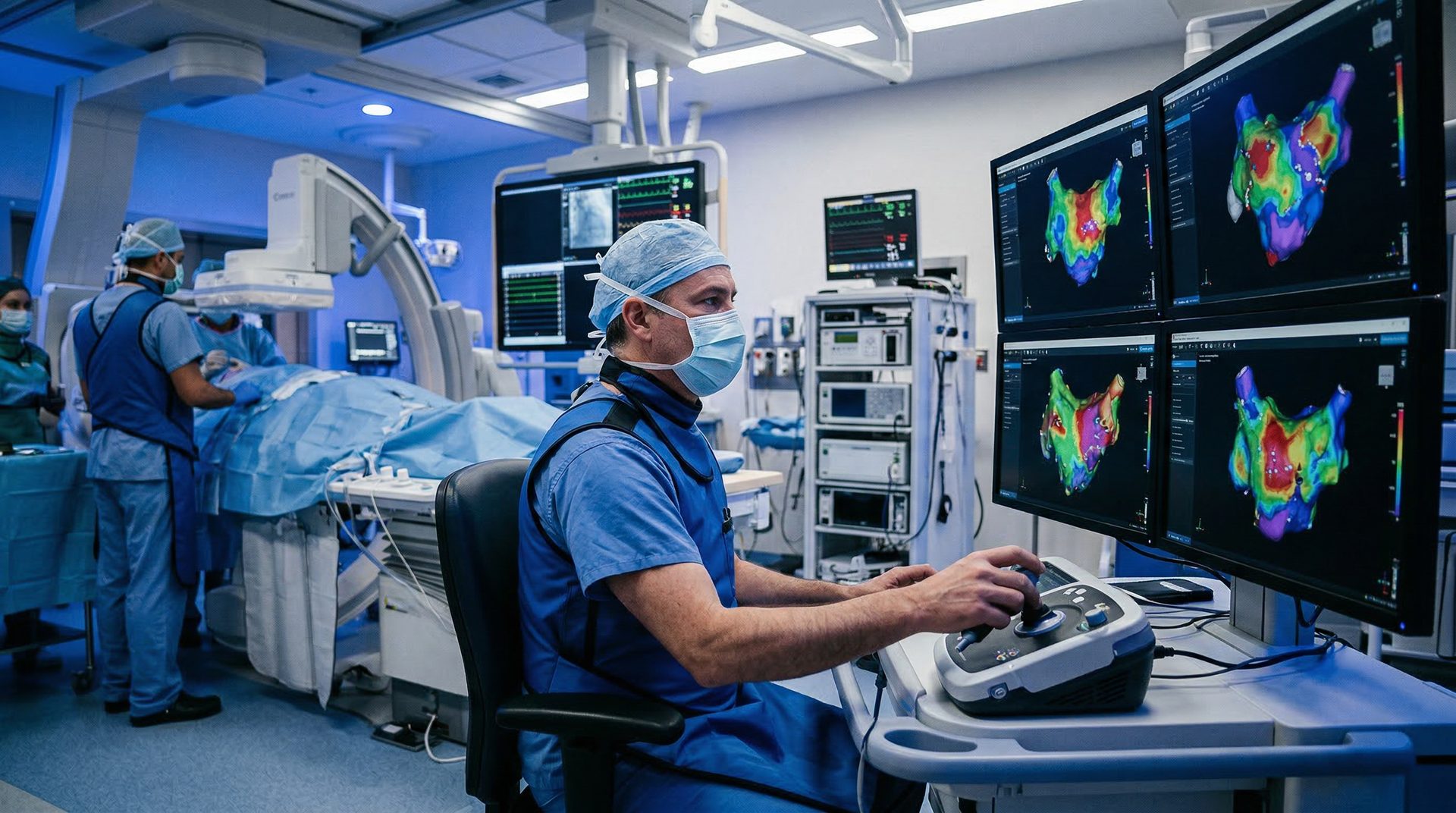 Sala de electrofisiología con mapeo 3D cardiaco